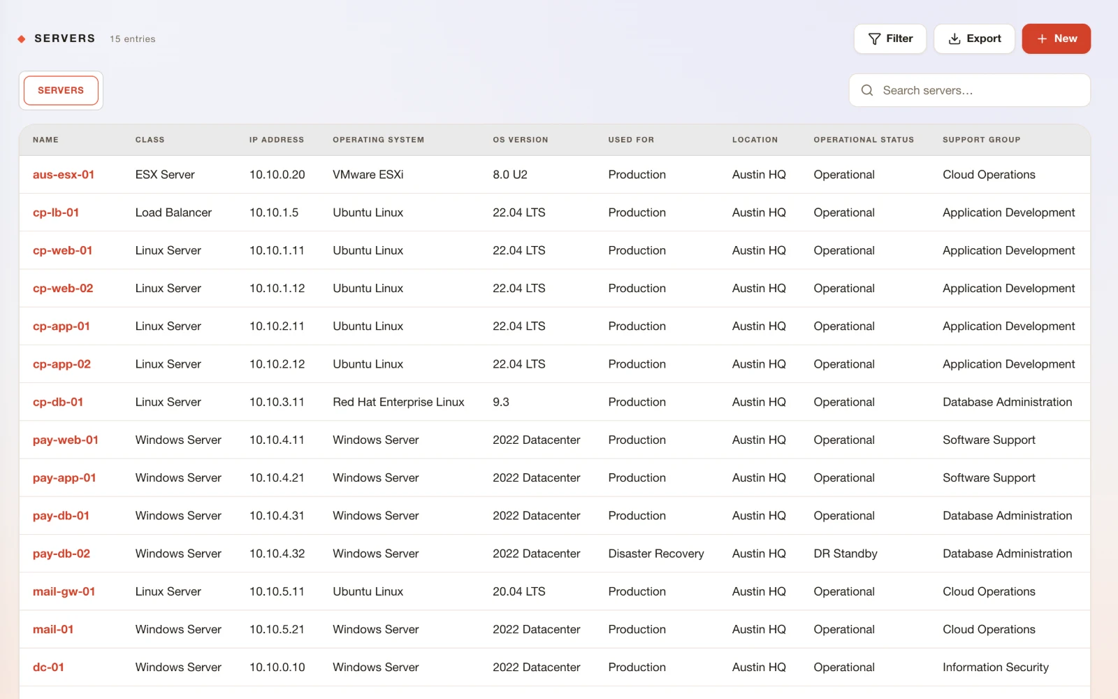 The server list in the ResolvrNow configuration management database