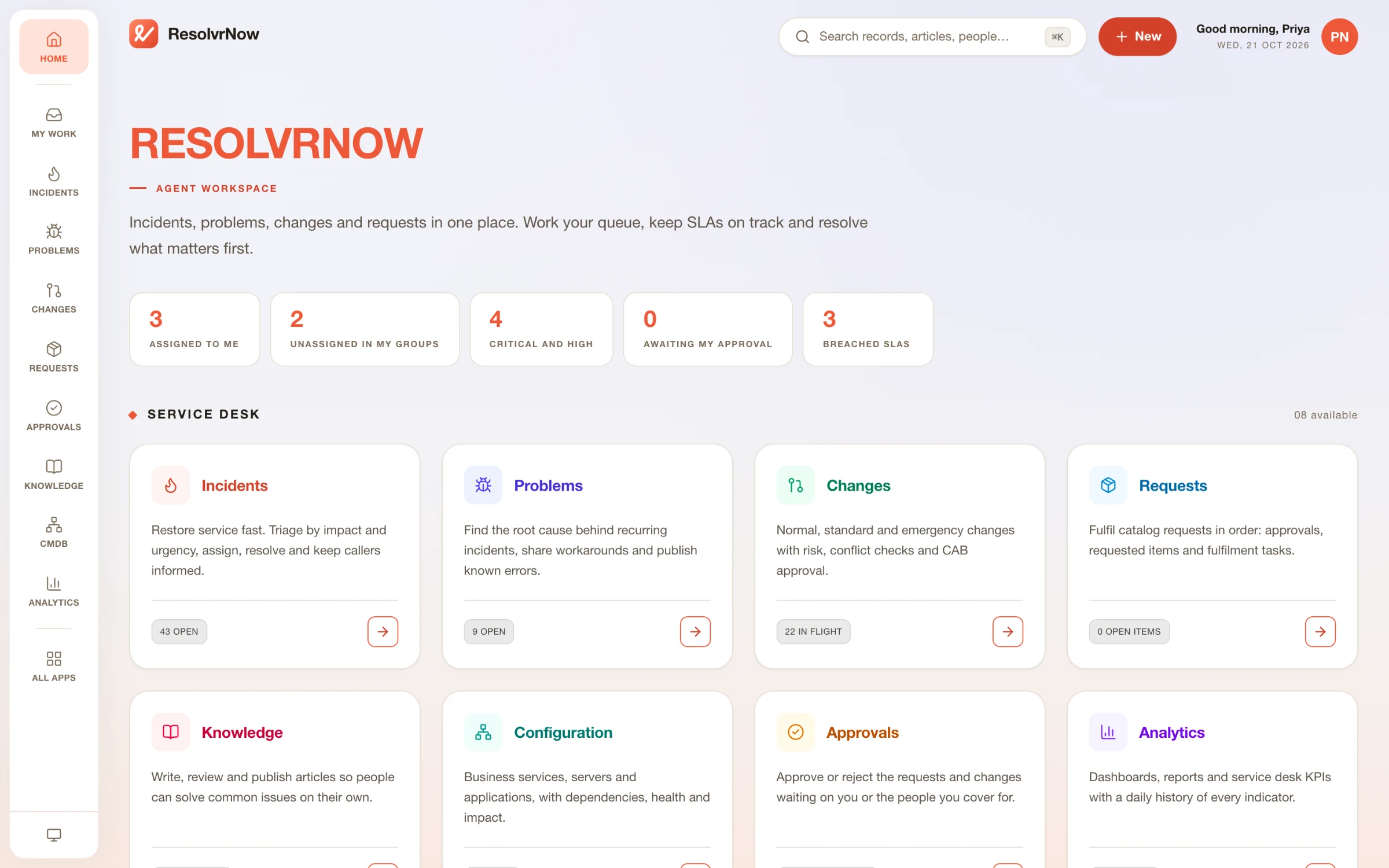 The ResolvrNow agent workspace home page with stat tiles, work queues and application cards